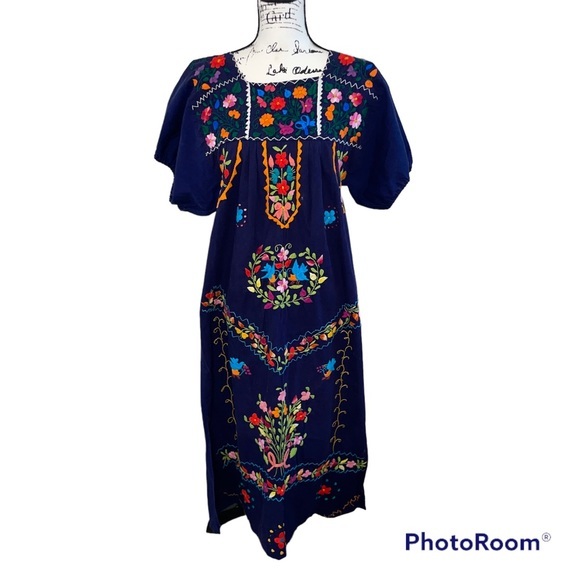 Hand Crafted Dresses & Skirts - Navy blue floral embroidered hand made? Kaftan dress puff sleeve maxi length